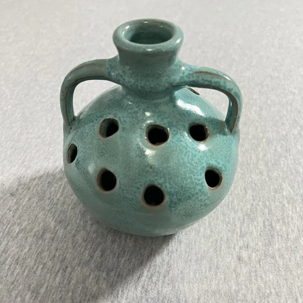 Vintage Turquoise Pottery Pansy Pot Vase Flower Frog Double‎ Handle Jug Handmade